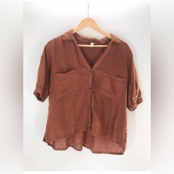 Anthropologie Pilcro brown linen surf button down shirt size: M - Picture 4 of 10